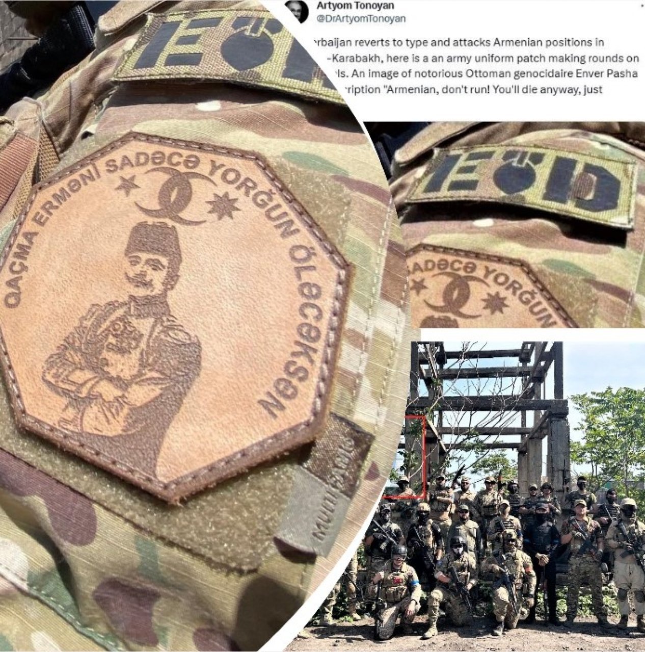 Patches with Enver Pasha on field uniform of Azerbaijani soldiers