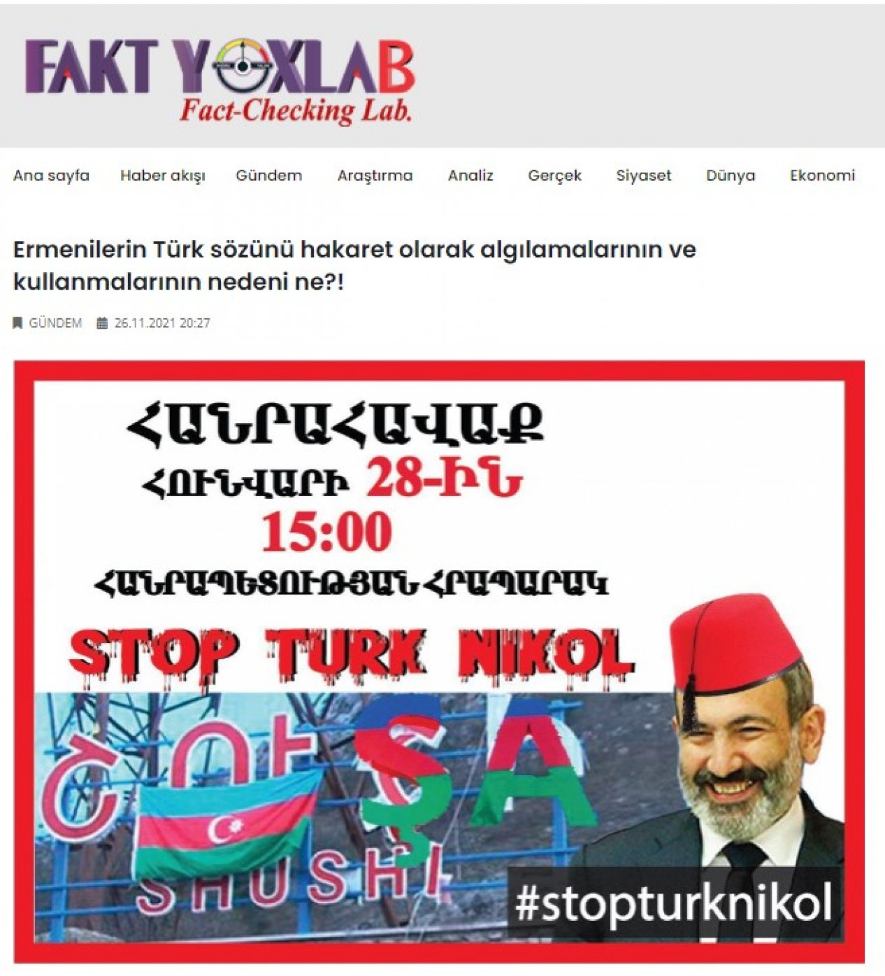 Faktyoxla Lab-ın yazısı Türkiyədə rezonans doğurdu: “Türk” təhqirinə görə beynəlxalq məhkəməyə baş vurulacaq