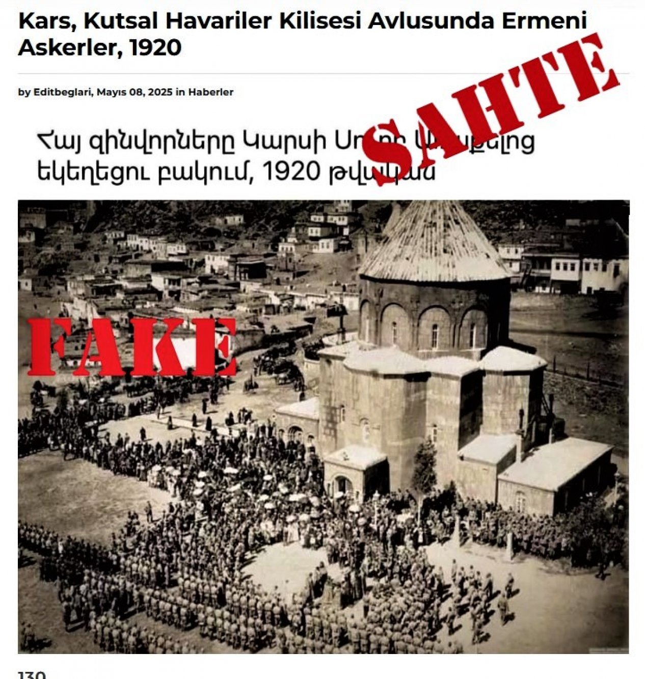 WesternarmenianTV-de yayınlanan "Kars'ta Kutsal Havariler Kilisesi'nde Ermeni askerler" başlıklı foto sahte