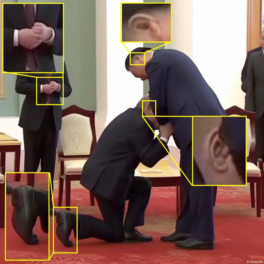 Putin is supposed to have knelt down in front of Xi Jinping, but a closer looks shows that the picture is fake