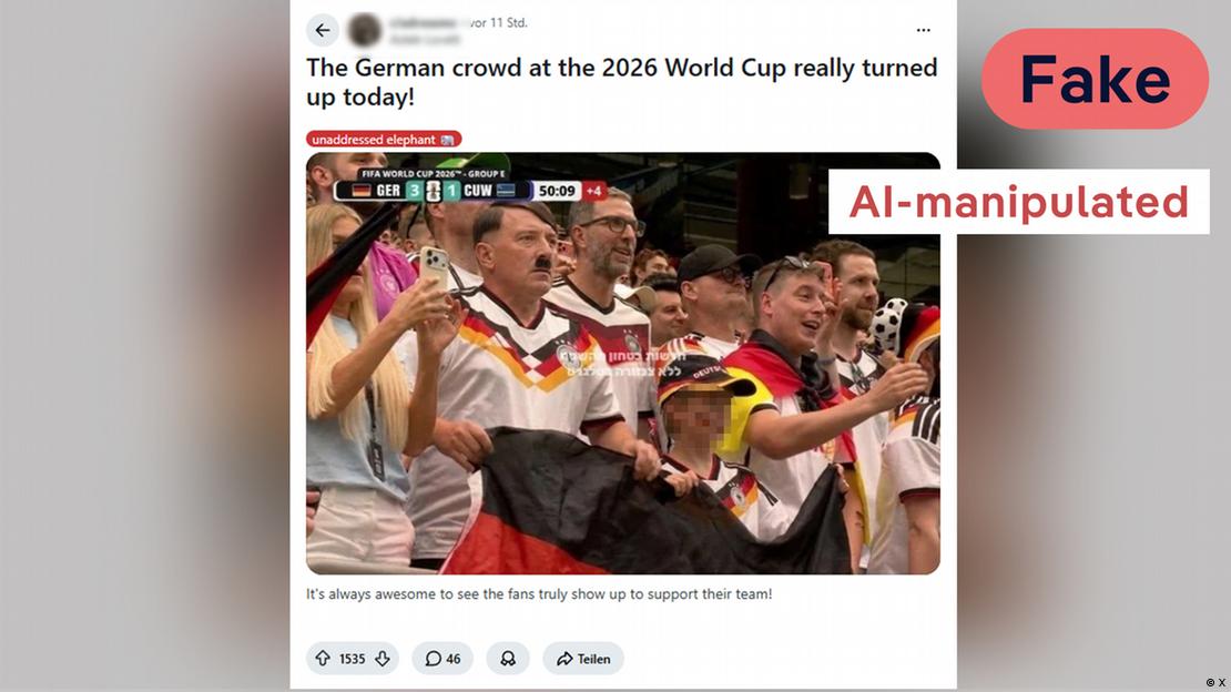 This AI-manipulated image of a Hitler look-alike allegedly attending a 2026 World Cup match garnered millions of views on social media
