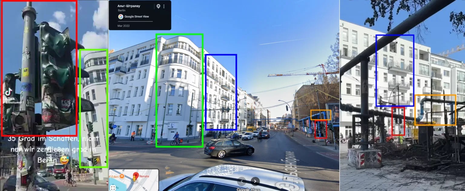 Слева — кадр из вирусного видео, в центре — скриншот Google Street View, справа — кадр из репортажа про пожар в клубе Renate