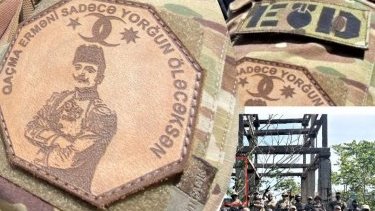 Patches with Enver Pasha on field uniform of Azerbaijani soldiers